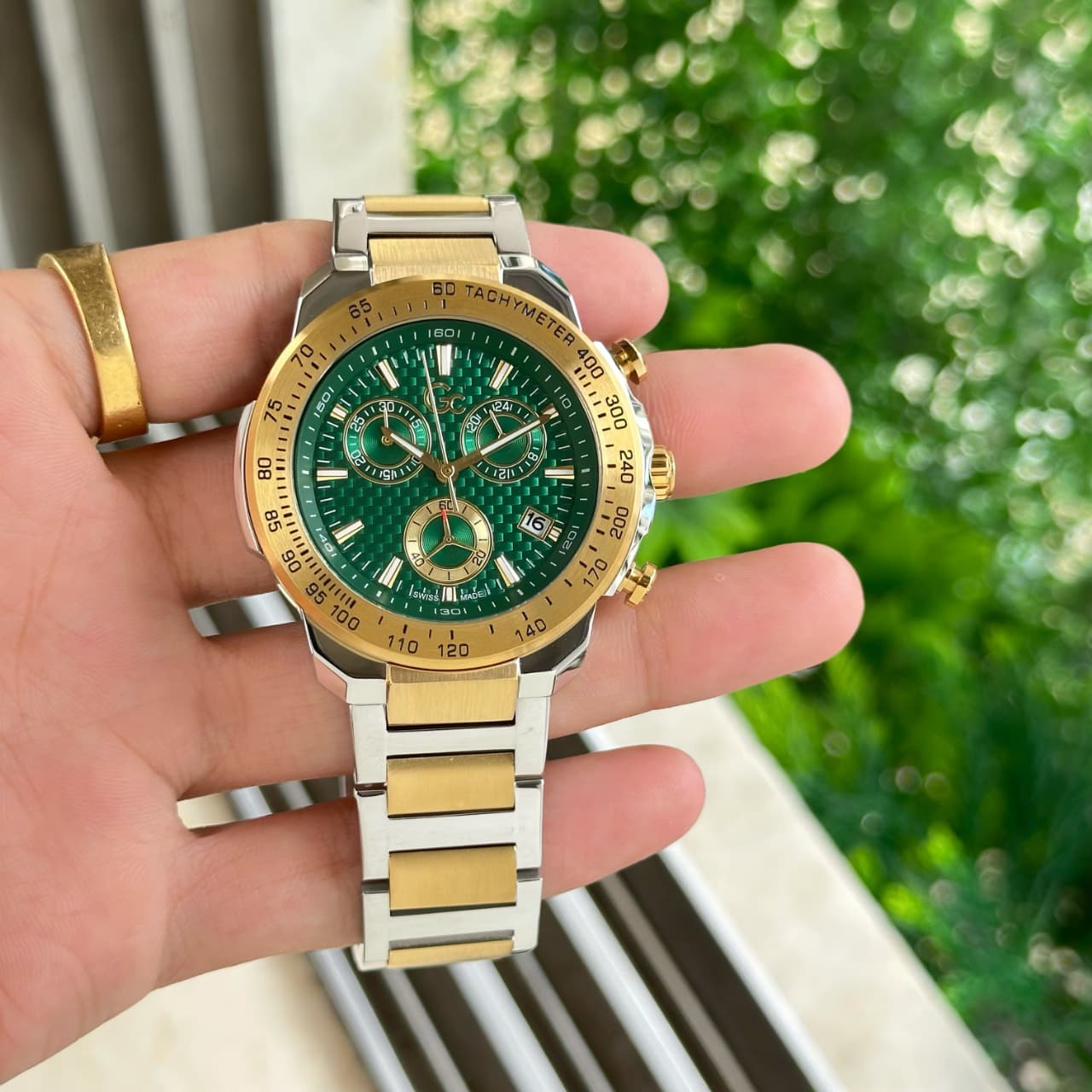 Silver Gold Green Chronograph Watch
