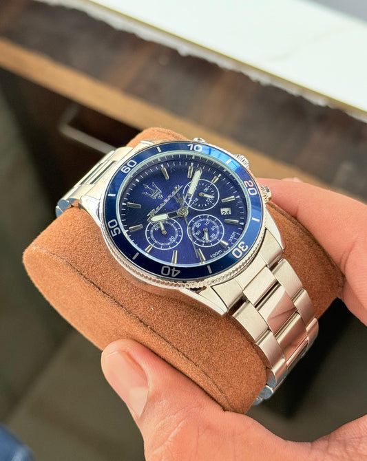 Silver Blue Chronograph Watch