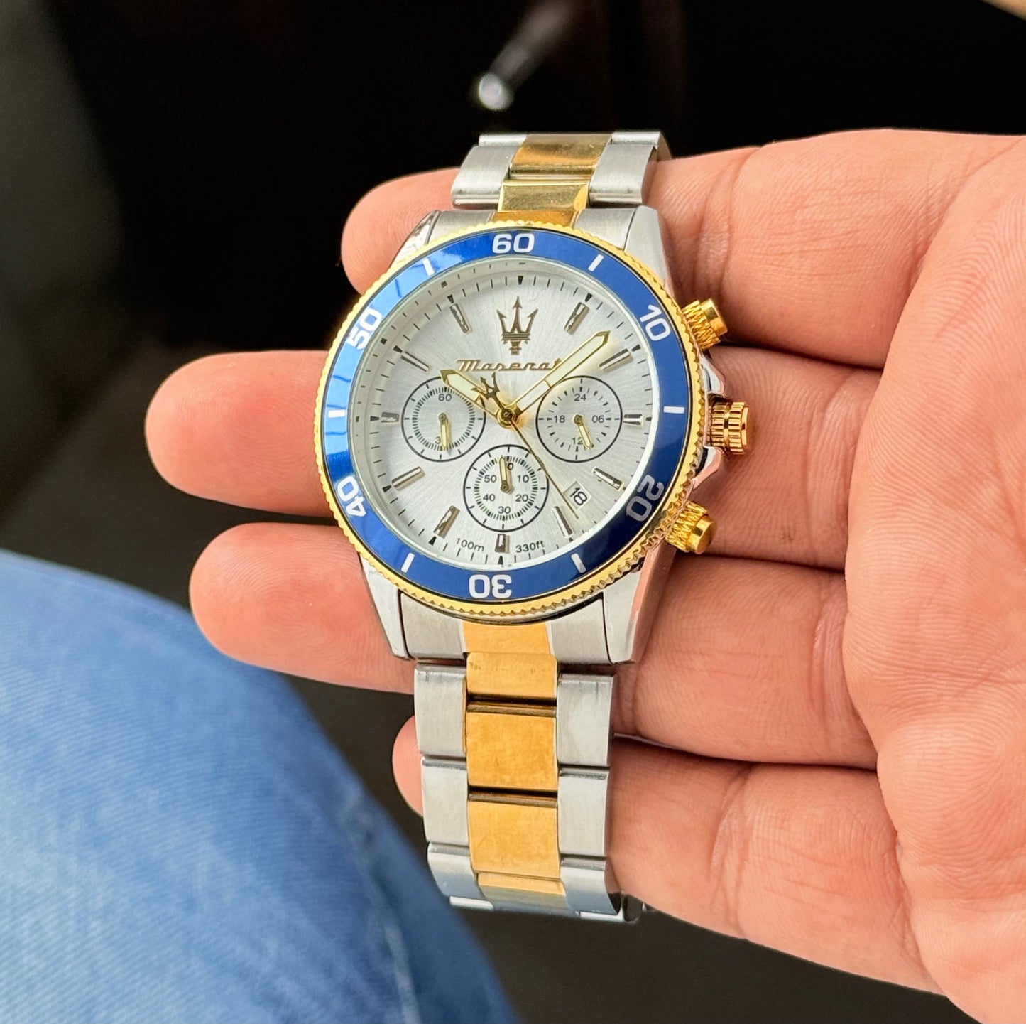 Silver Gold Blue Chronograph Watch