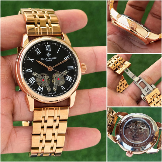 Rose Gold Black Automatic Metal Watch