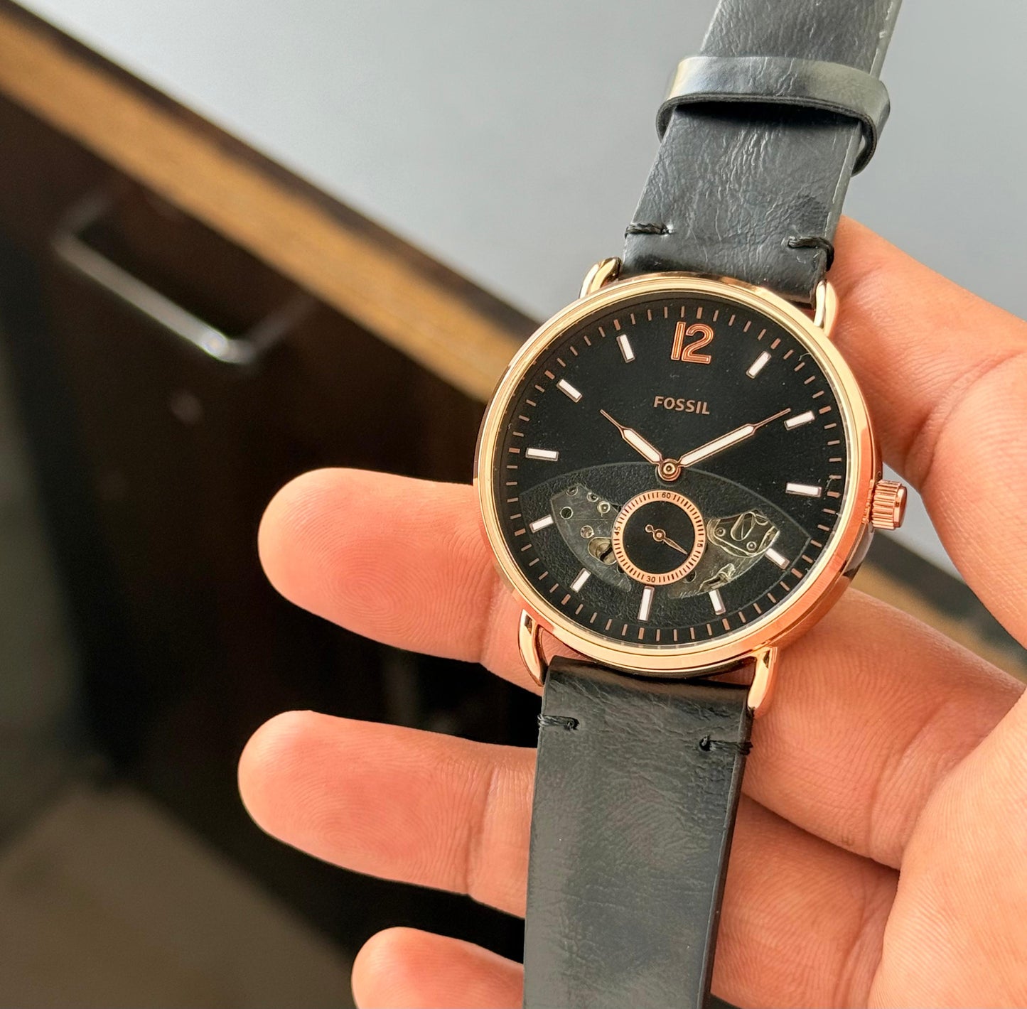 Gray Black Automatic Leather Watch