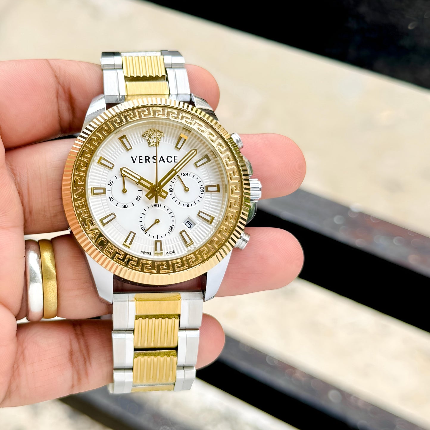 Gold Silver White Chronograph Watch