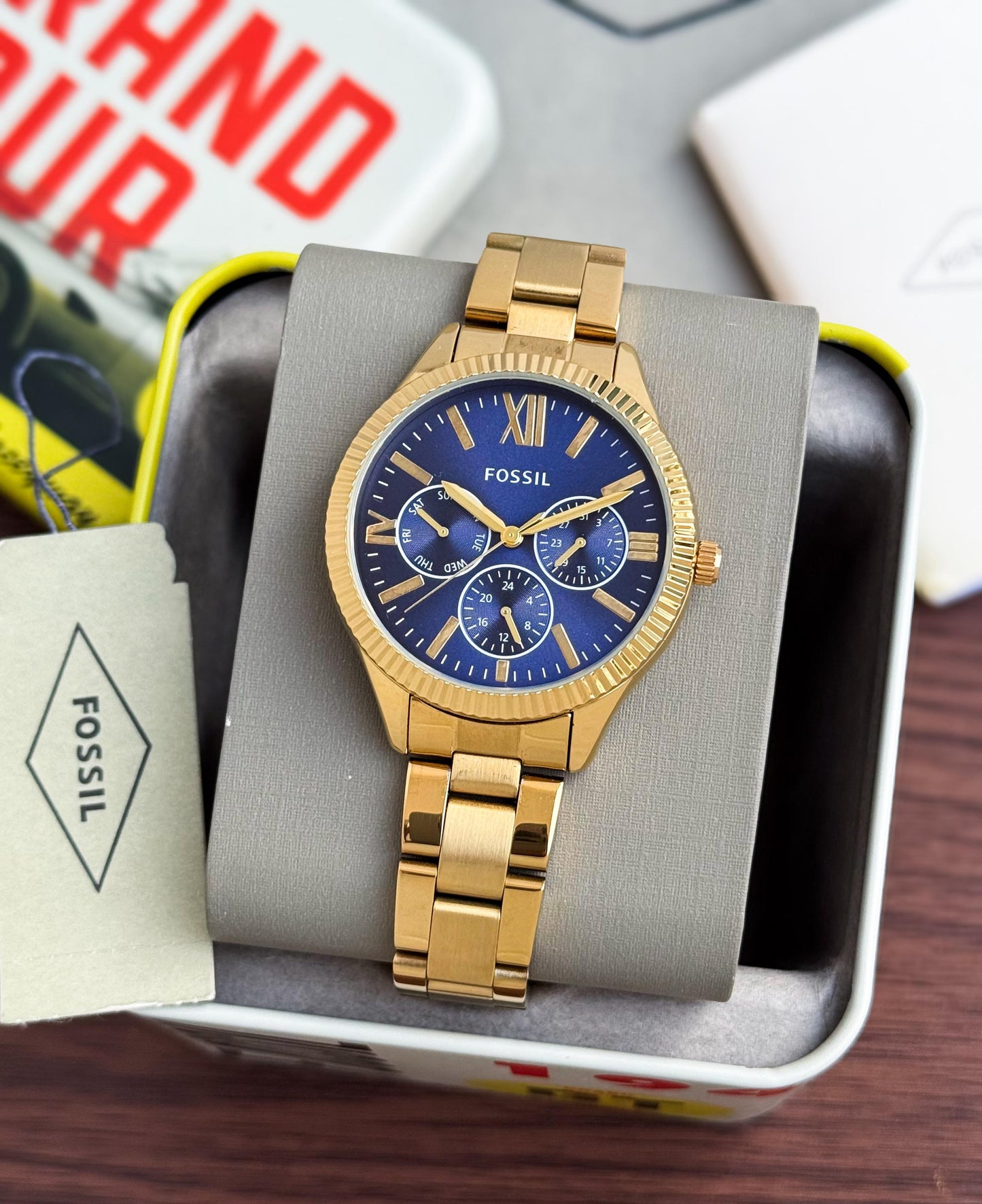 Gold Blue Women Metal Watch
