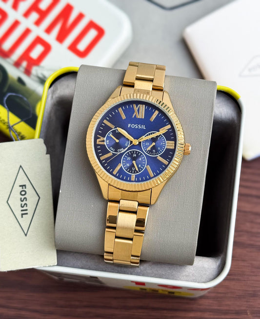 Gold Blue Women Metal Watch