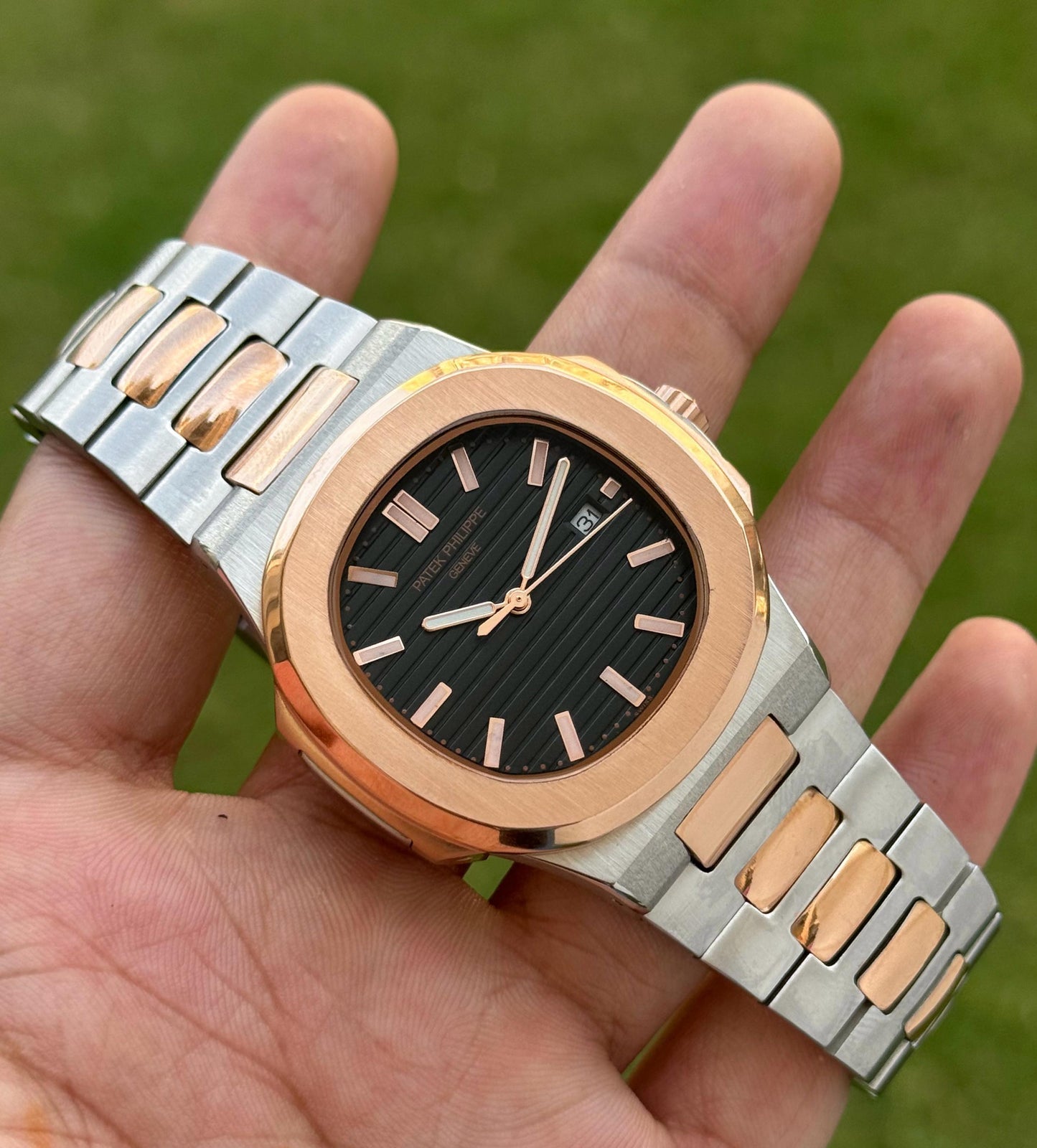 Silver Rose Gold With Black Dial